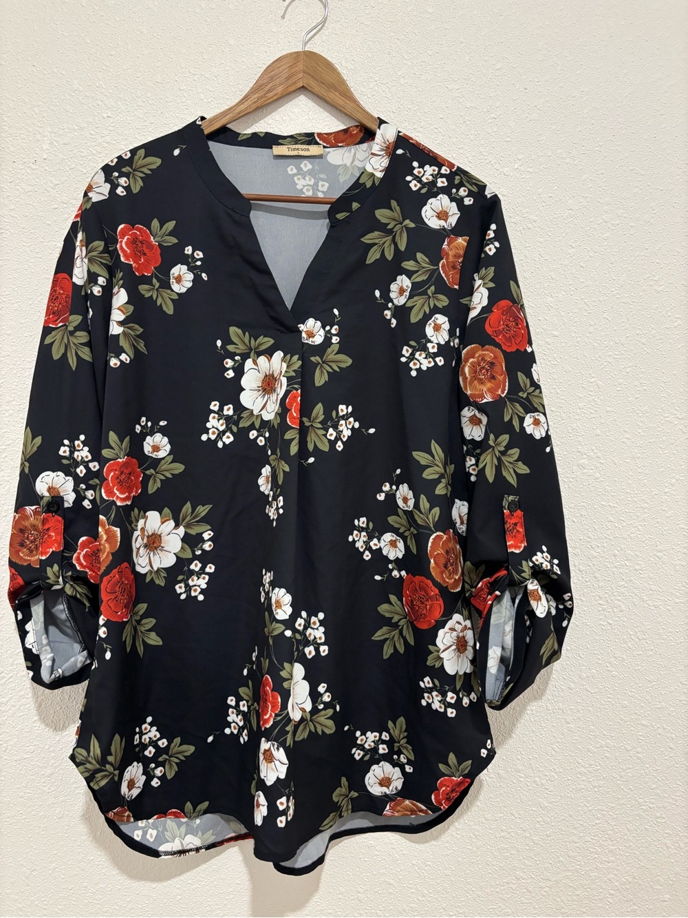 Black Floral V-Neck Roll-Sleeve Blouse - Red & White Floral